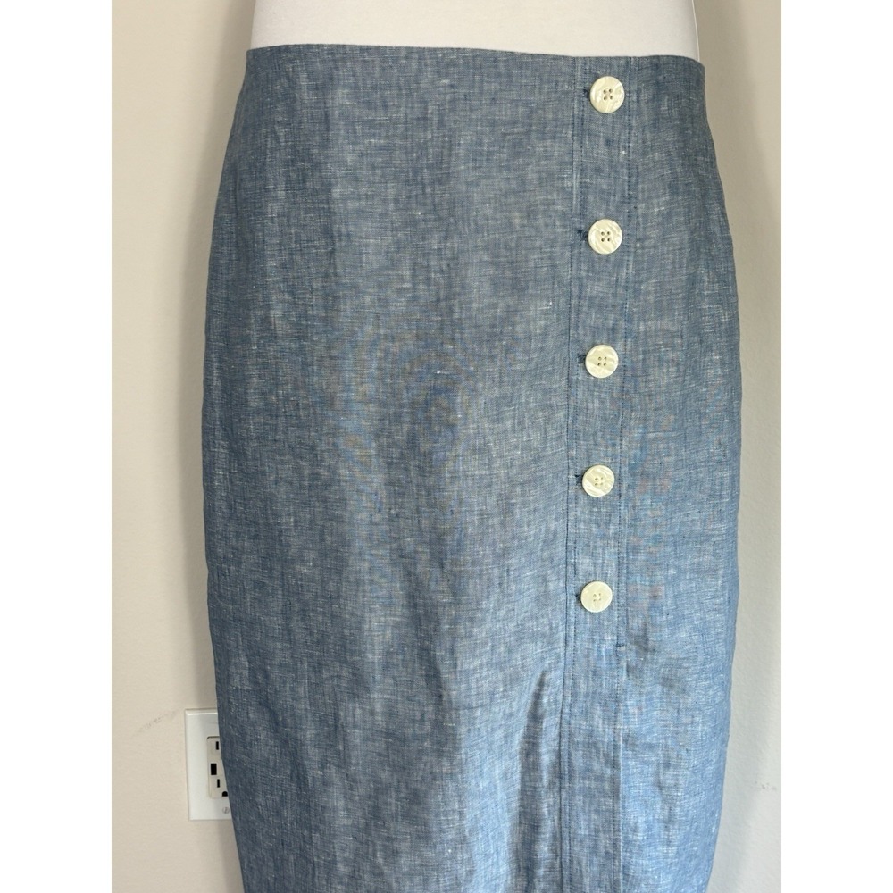 New Loft Linen Skirt Button Detail Midi Straight Split SZ 12 Chambray Blue - Picture 2 of 8